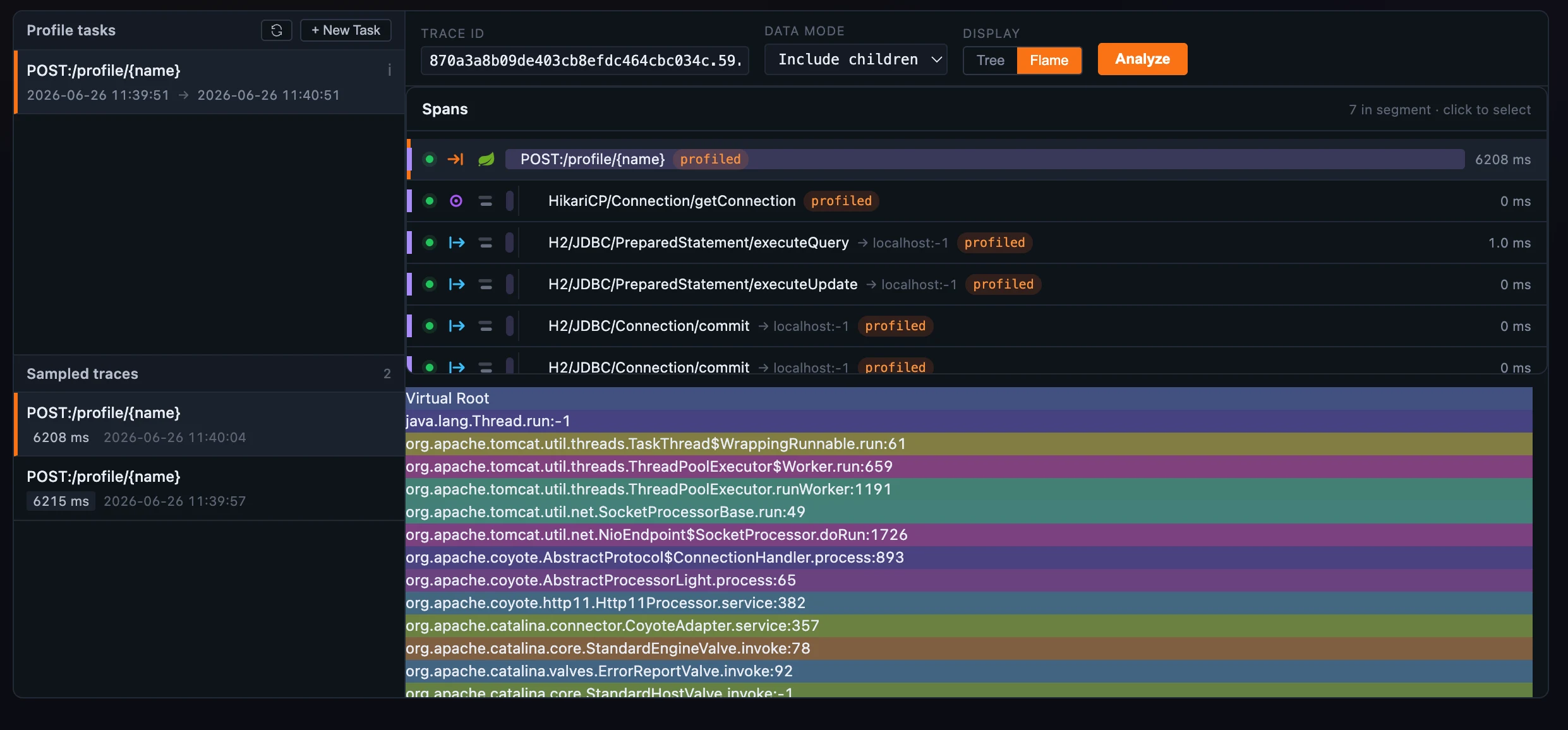 Figure 1: The shared flame graph — stack frames sized by sample share, a method-keyed color, and a hover card reading the code signature, dump count, time with and without children, and % of root.